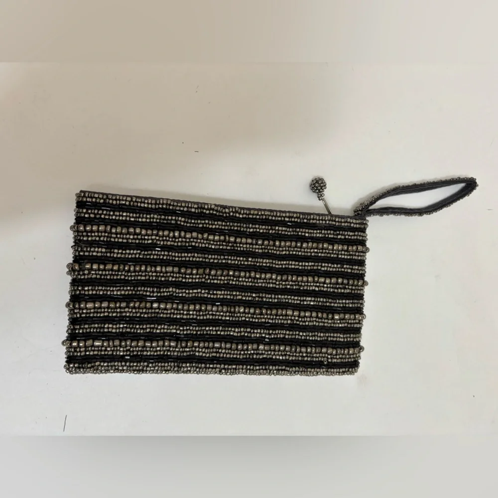 Black silver Beaded mini clutch‎ small purse wristlet striped evening retro